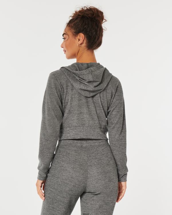 gilly hicks confortable micro-gaufre full-zip femmes gris chiné foncé Hollister hauts RRRJX173