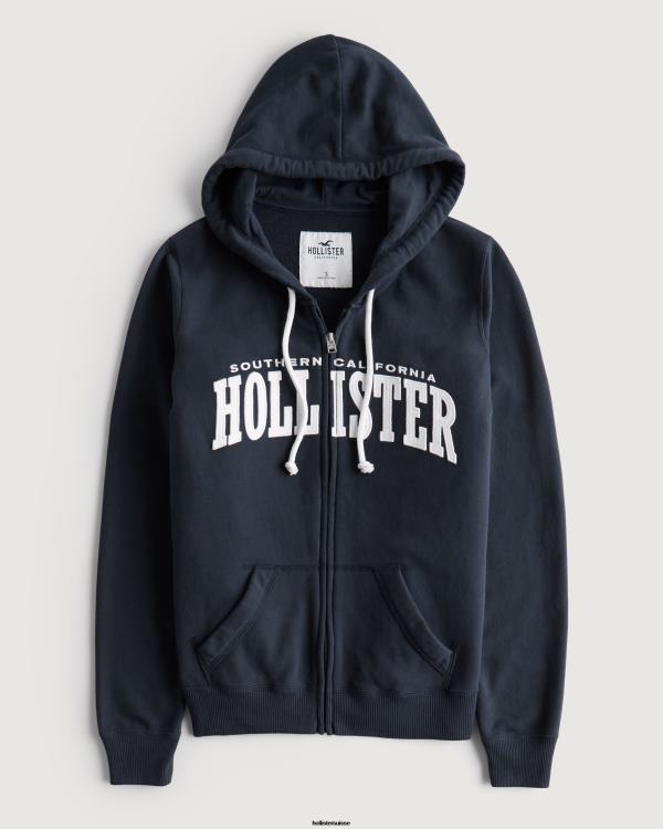 sweat à capuche en éponge avec logo et fermeture éclair facile femmes bleu marine Hollister hauts RRRJX327