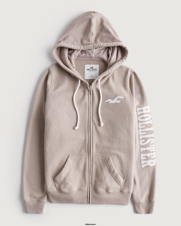sweat à capuche en éponge avec logo et fermeture éclair facile femmes taupe Hollister hauts RRRJX389