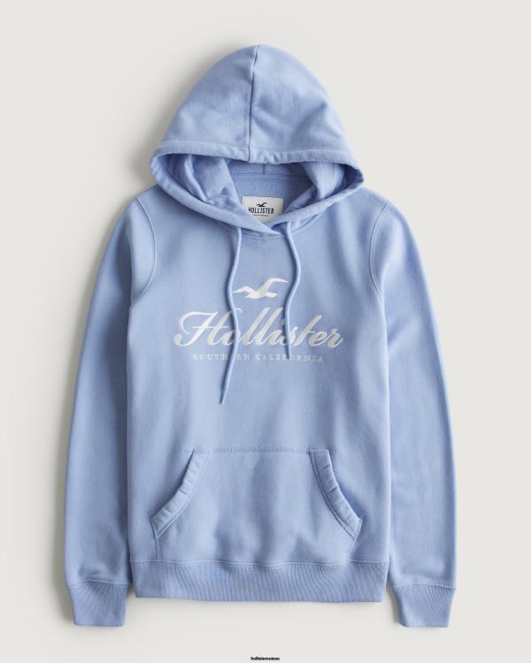 sweat à capuche à logo imprimé femmes bleu clair Hollister hauts RRRJX315