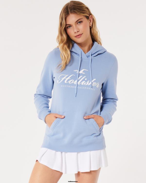 sweat à capuche à logo imprimé femmes bleu clair Hollister hauts RRRJX315