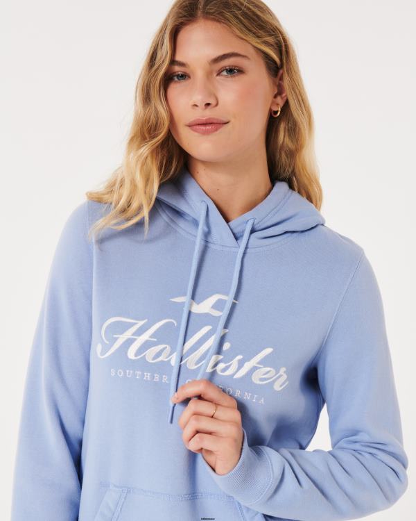 sweat à capuche à logo imprimé femmes bleu clair Hollister hauts RRRJX315