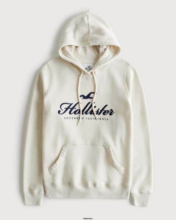 sweat à capuche à logo imprimé femmes crème Hollister hauts RRRJX320