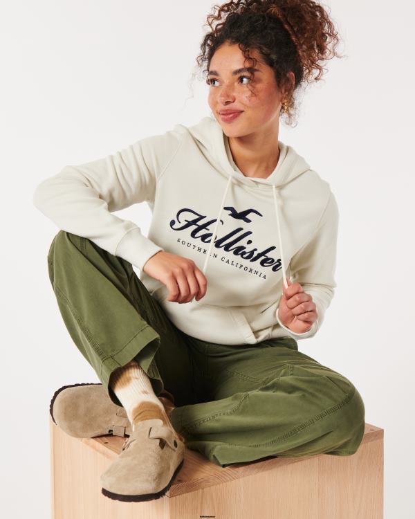 sweat à capuche à logo imprimé femmes crème Hollister hauts RRRJX320