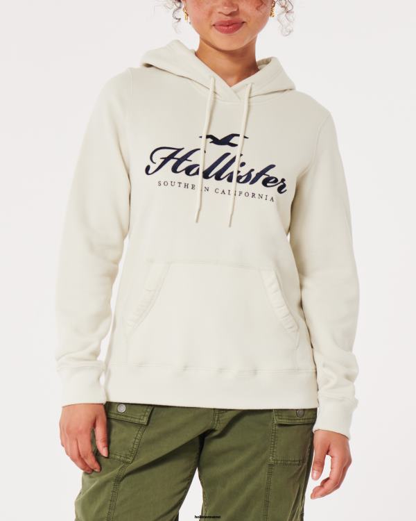 sweat à capuche à logo imprimé femmes crème Hollister hauts RRRJX320