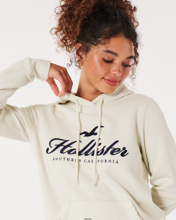 sweat à capuche à logo imprimé femmes crème Hollister hauts RRRJX320