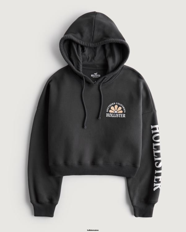 sweat à capuche à logo imprimé femmes gris foncé Hollister hauts RRRJX245