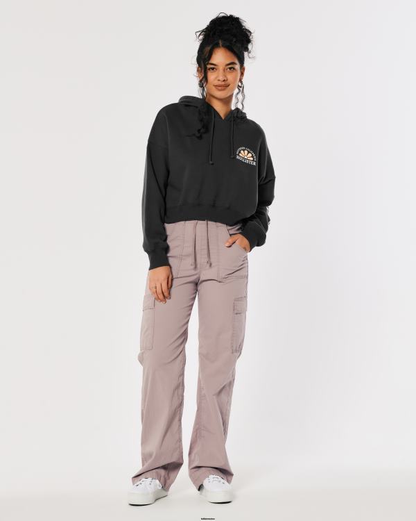 sweat à capuche à logo imprimé femmes gris foncé Hollister hauts RRRJX245