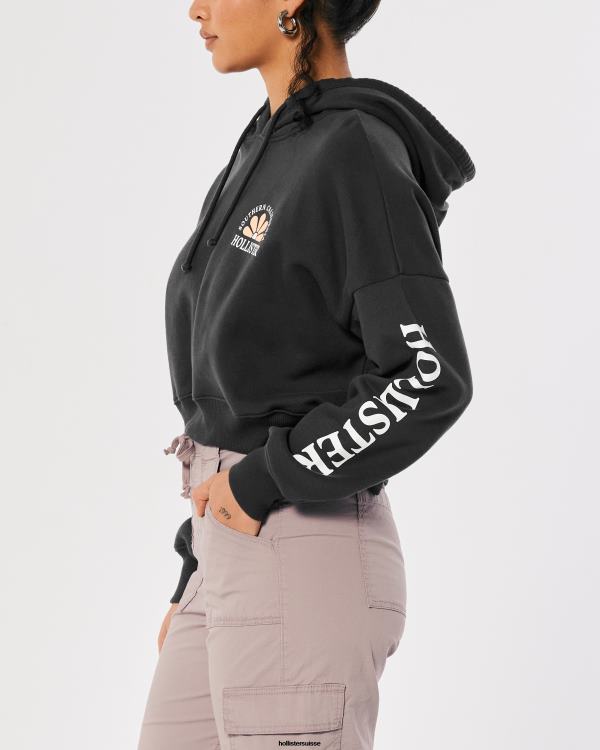 sweat à capuche à logo imprimé femmes gris foncé Hollister hauts RRRJX245