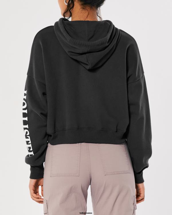 sweat à capuche à logo imprimé femmes gris foncé Hollister hauts RRRJX245