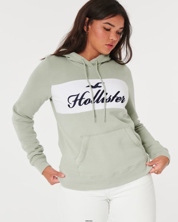 sweat à capuche à logo imprimé femmes vert sauge Hollister hauts RRRJX321