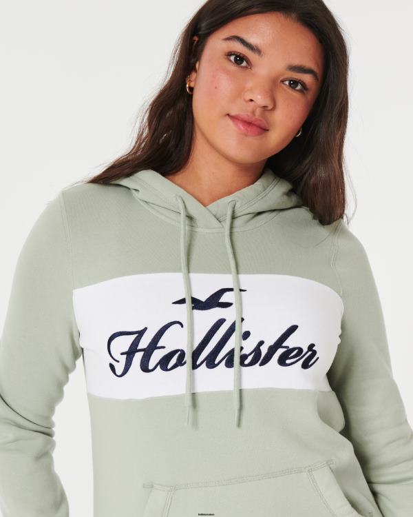 sweat à capuche à logo imprimé femmes vert sauge Hollister hauts RRRJX321