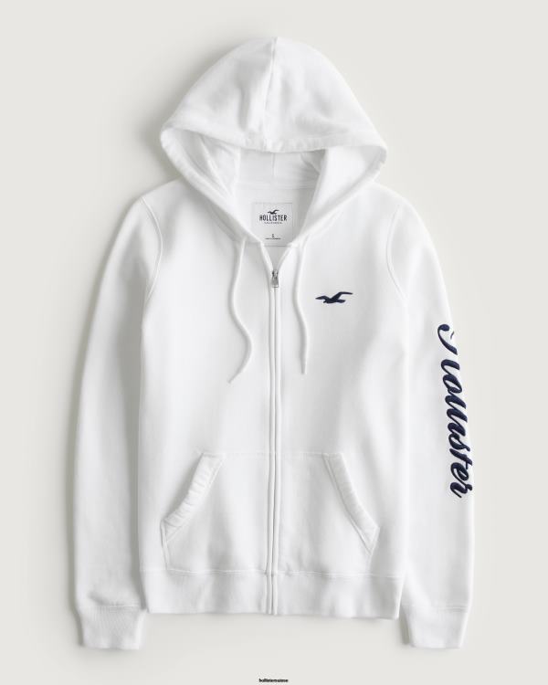 sweat à capuche zippé à logo easy femmes blanc Hollister hauts RRRJX367