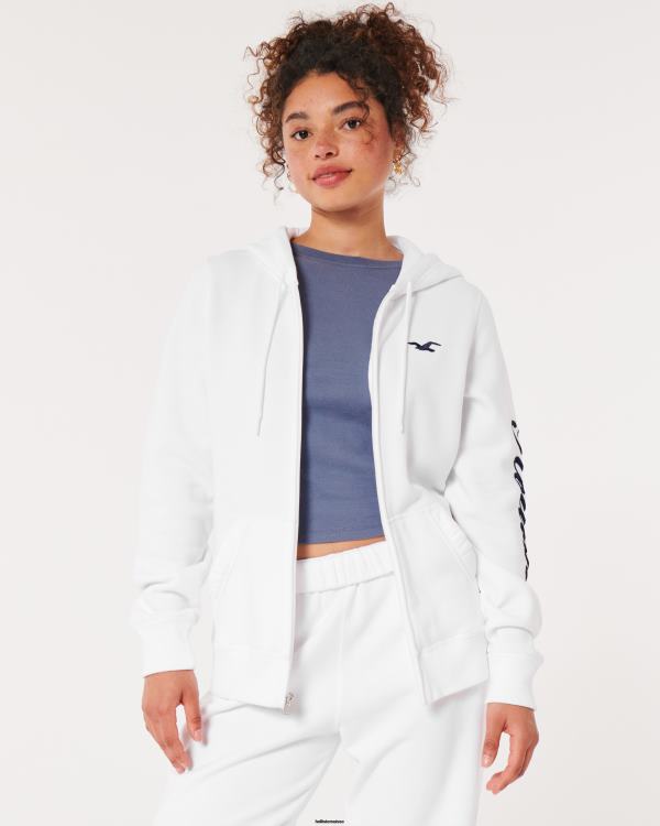 sweat à capuche zippé à logo easy femmes blanc Hollister hauts RRRJX367