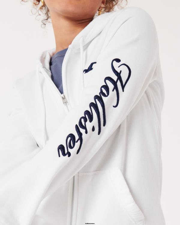 sweat à capuche zippé à logo easy femmes blanc Hollister hauts RRRJX367