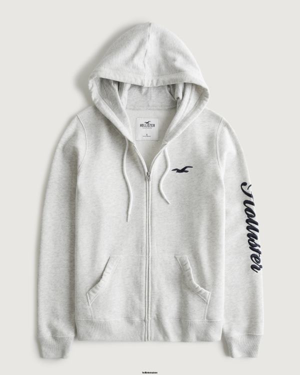 sweat à capuche zippé à logo easy femmes gris chiné clair Hollister hauts RRRJX296