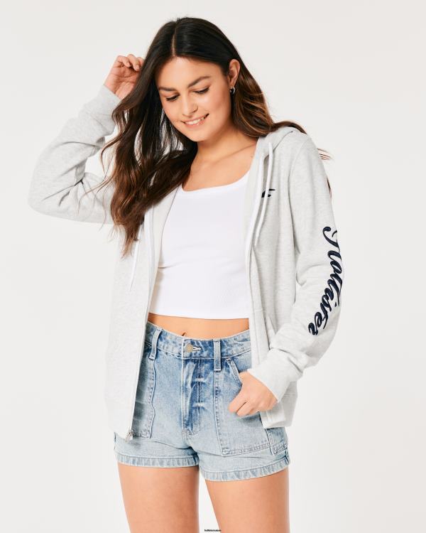 sweat à capuche zippé à logo easy femmes gris chiné clair Hollister hauts RRRJX296