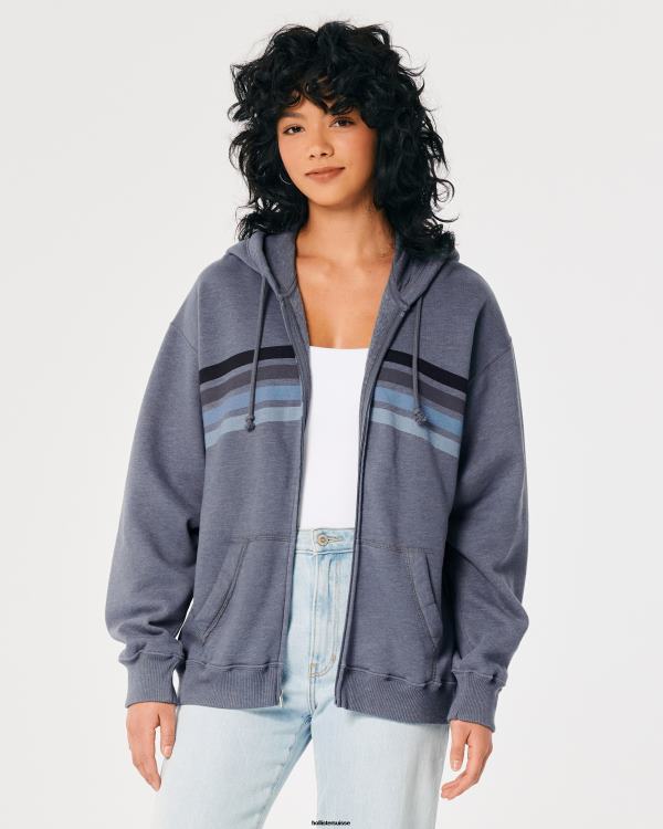 sweat à capuche zippé oversize à rayures femmes marine chiné Hollister hauts RRRJX257