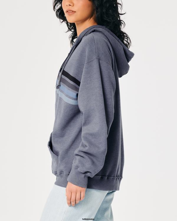 sweat à capuche zippé oversize à rayures femmes marine chiné Hollister hauts RRRJX257