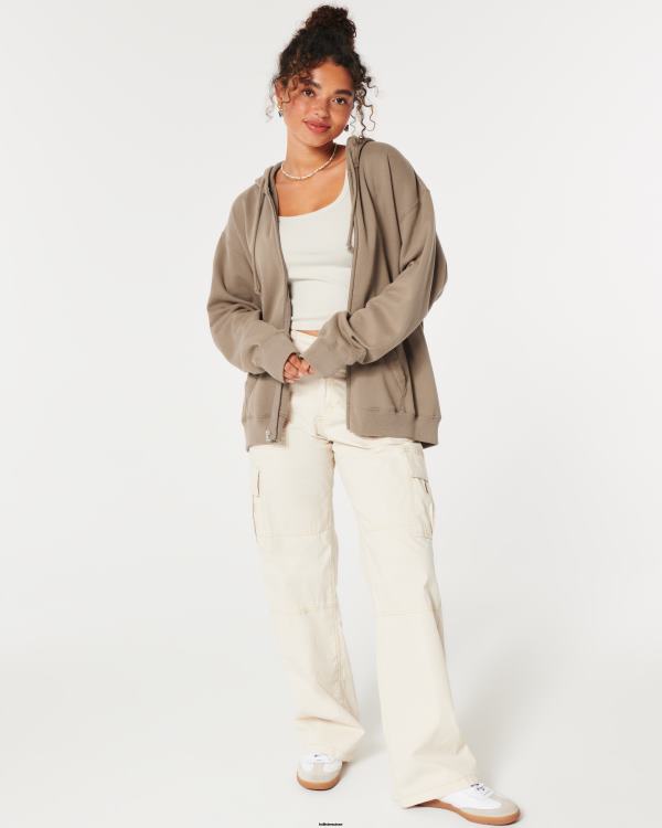 sweat à capuche zippé surdimensionné feel good femmes brun clair Hollister hauts RRRJX65