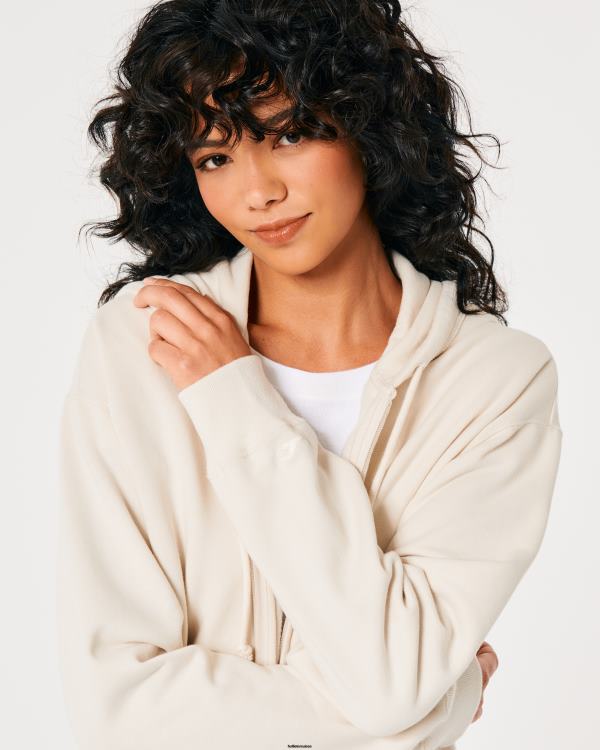 sweat à capuche zippé surdimensionné feel good femmes crème Hollister hauts RRRJX121