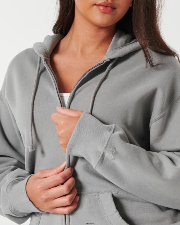 sweat à capuche zippé surdimensionné feel good femmes gris Hollister hauts RRRJX166