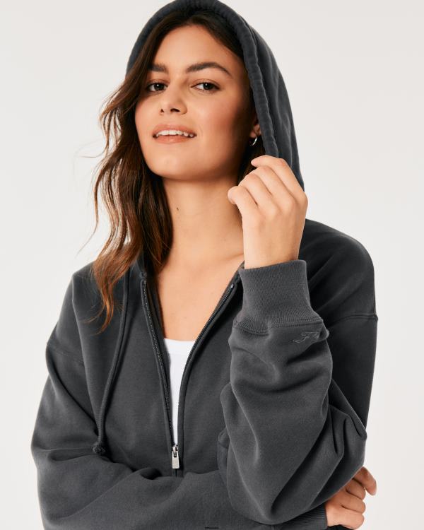 sweat à capuche zippé surdimensionné feel good femmes gris foncé Hollister hauts RRRJX26
