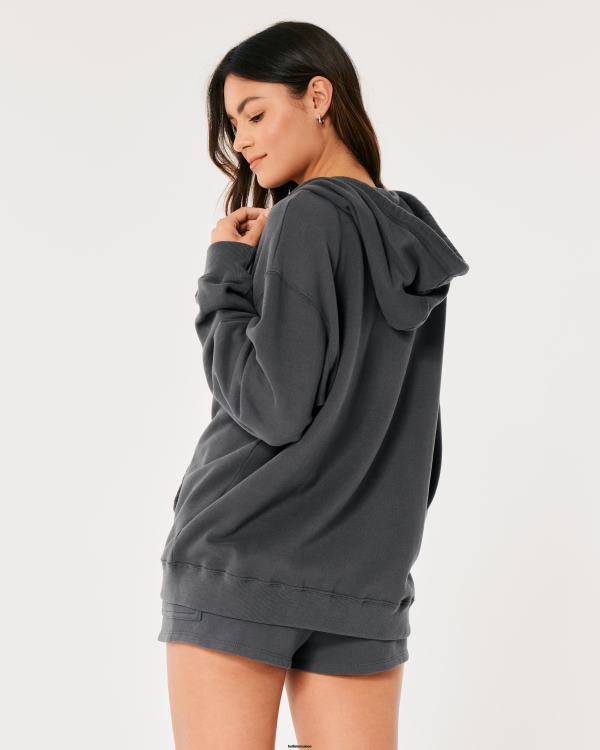 sweat à capuche zippé surdimensionné feel good femmes gris foncé Hollister hauts RRRJX26