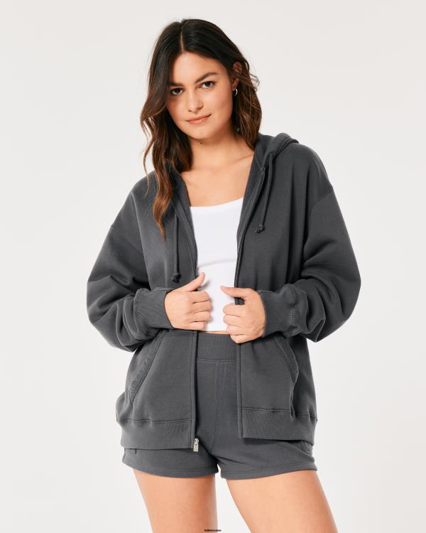 sweat à capuche zippé surdimensionné feel good femmes gris foncé Hollister hauts RRRJX26