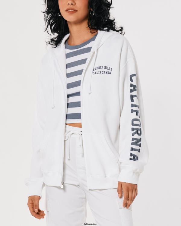 sweat à capuche zippé surdimensionné graphique beverly hills femmes blanc Hollister hauts RRRJX267