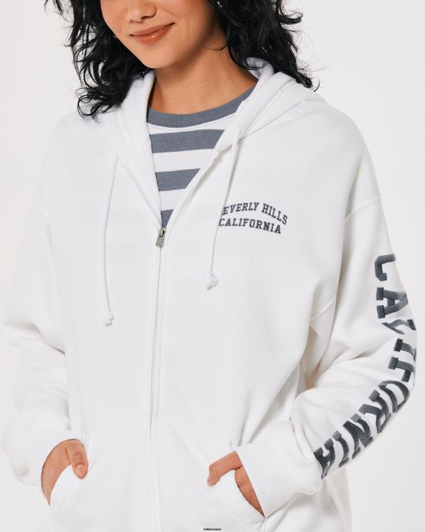 sweat à capuche zippé surdimensionné graphique beverly hills femmes blanc Hollister hauts RRRJX267