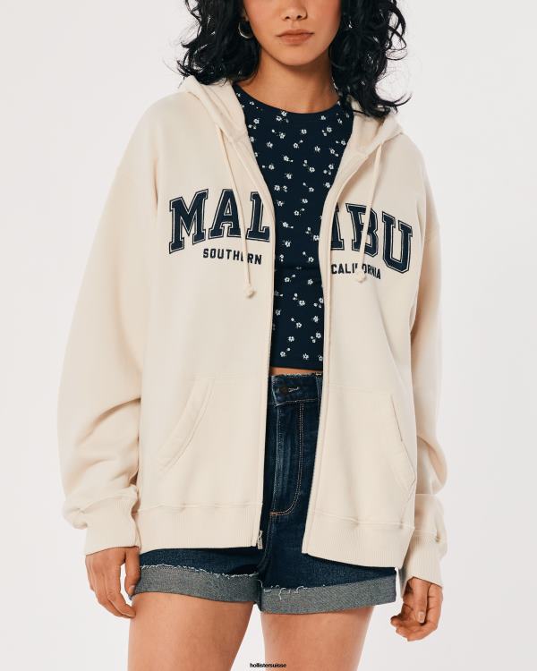 sweat à capuche zippé surdimensionné malibu california graphique femmes crème Hollister hauts RRRJX154