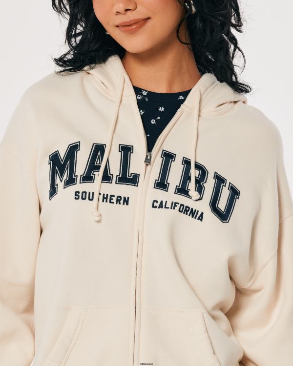 sweat à capuche zippé surdimensionné malibu california graphique femmes crème Hollister hauts RRRJX154