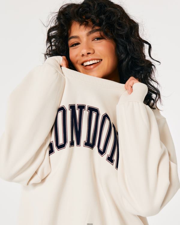 sweat ras du cou graphique london oversize femmes crème Hollister hauts RRRJX46