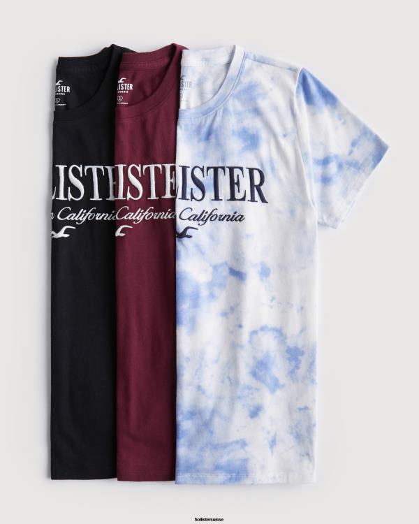 lot de 3 t-shirts graphiques à logo brodé femmes bleu marine-bordeaux-tie dye Hollister hauts RRRJX445