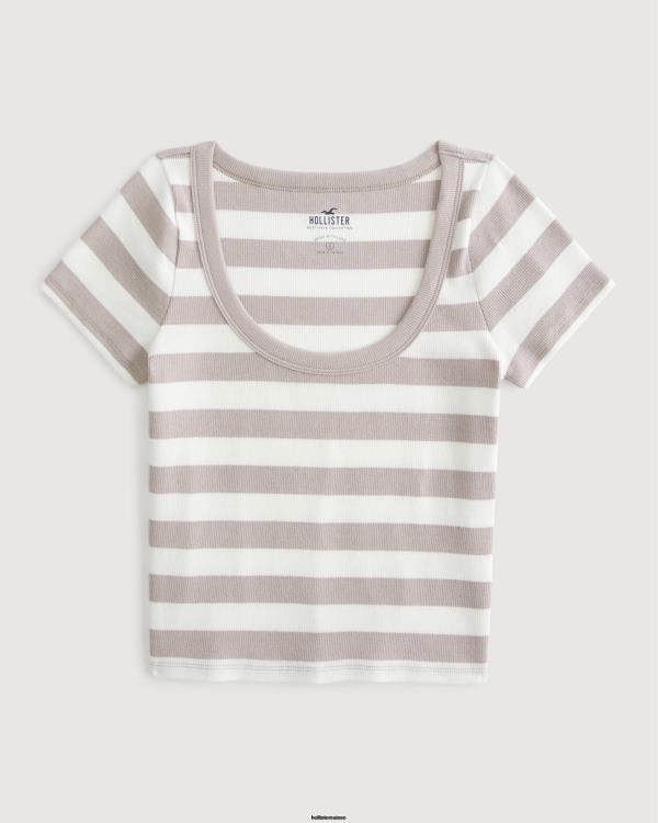 t-shirt bébé côtelé à encolure dégagée femmes rayure taupe Hollister hauts RRRJX325