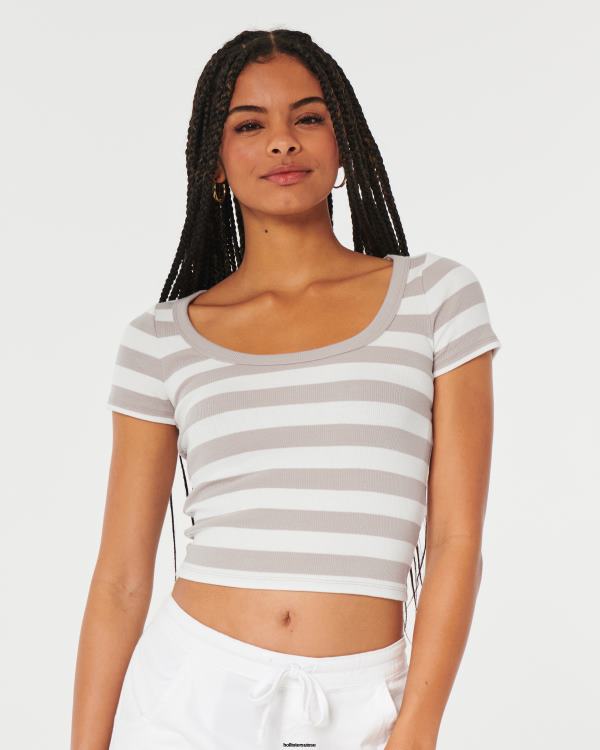 t-shirt bébé côtelé à encolure dégagée femmes rayure taupe Hollister hauts RRRJX325