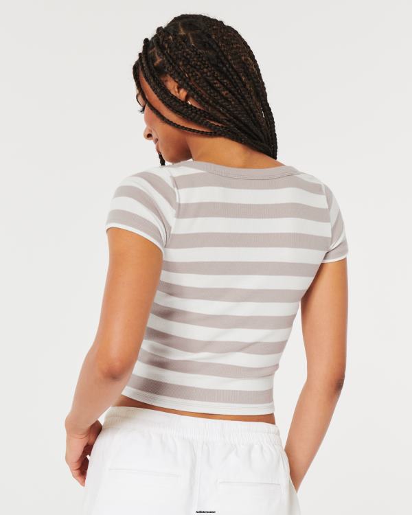t-shirt bébé côtelé à encolure dégagée femmes rayure taupe Hollister hauts RRRJX325