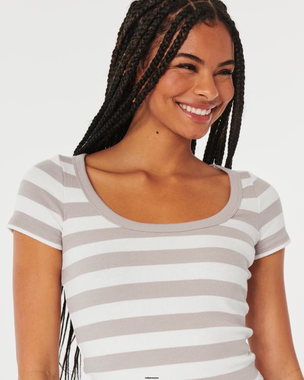 t-shirt bébé côtelé à encolure dégagée femmes rayure taupe Hollister hauts RRRJX325