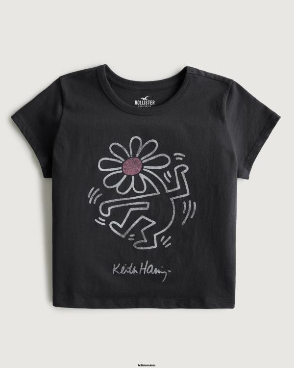 t-shirt graphique décontracté keith haring art femmes noir Hollister hauts RRRJX416