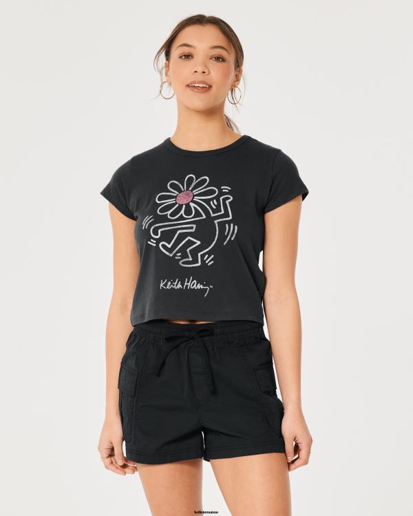 t-shirt graphique décontracté keith haring art femmes noir Hollister hauts RRRJX416