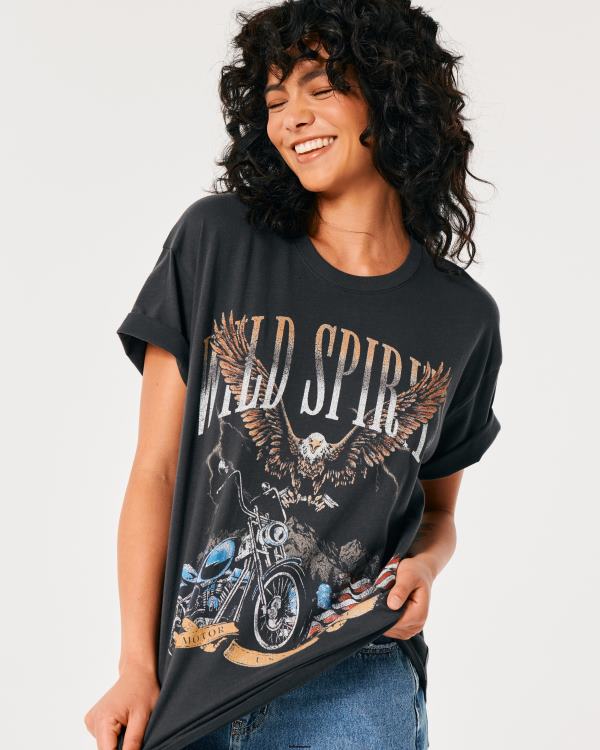 t-shirt graphique de moto oversize wild spirits femmes gris foncé Hollister hauts RRRJX423