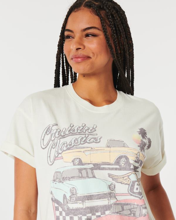 t-shirt graphique de voiture classique surdimensionné femmes blanc Hollister hauts RRRJX61