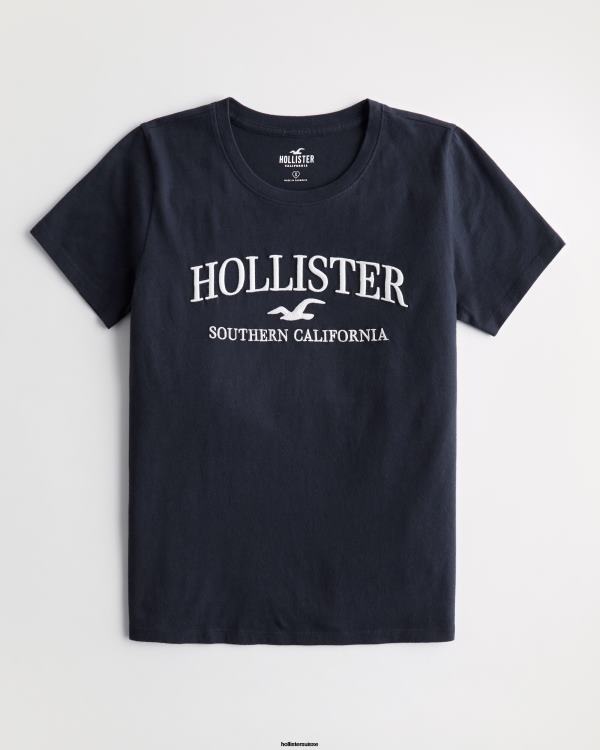 t-shirt graphique à logo brodé easy femmes bleu marine Hollister hauts RRRJX376