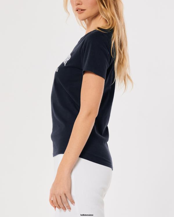 t-shirt graphique à logo brodé easy femmes bleu marine Hollister hauts RRRJX376