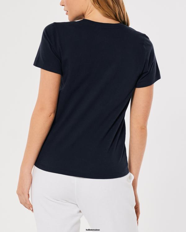 t-shirt graphique à logo brodé easy femmes bleu marine Hollister hauts RRRJX376