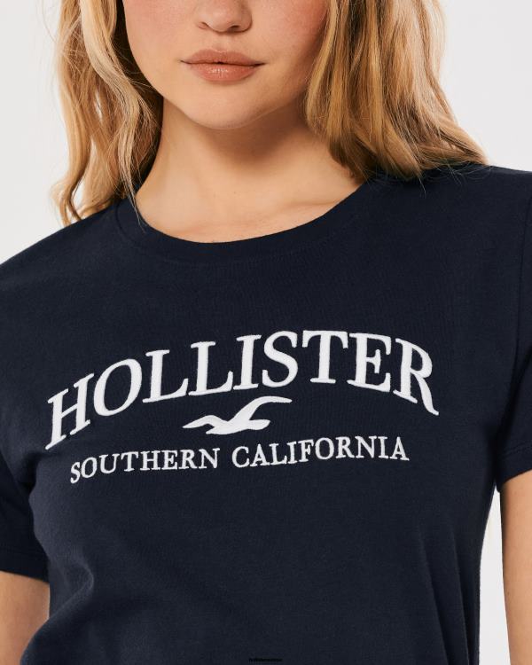 t-shirt graphique à logo brodé easy femmes bleu marine Hollister hauts RRRJX376