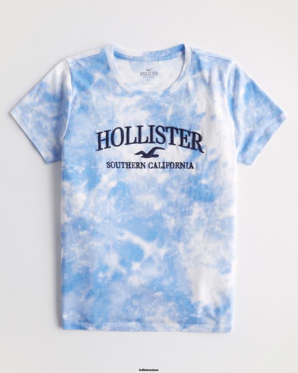 t-shirt graphique à logo brodé easy femmes teinture de cravate bleue Hollister hauts RRRJX161