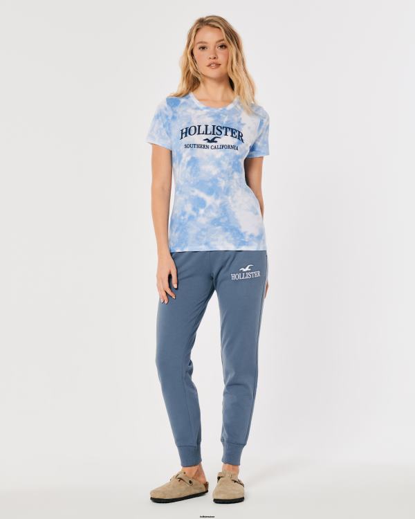 t-shirt graphique à logo brodé easy femmes teinture de cravate bleue Hollister hauts RRRJX161