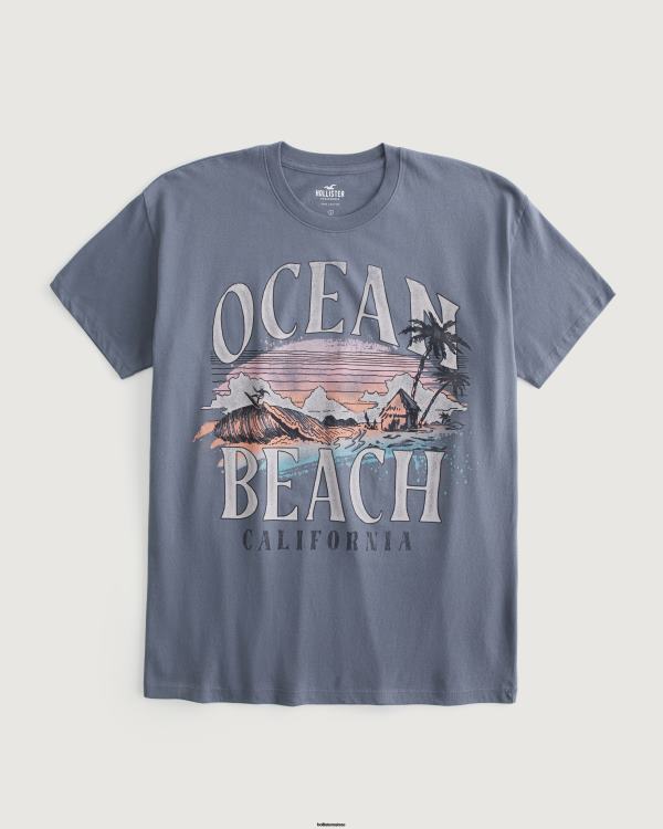 t-shirt graphique oversize ocean beach california femmes bleu Hollister hauts RRRJX10